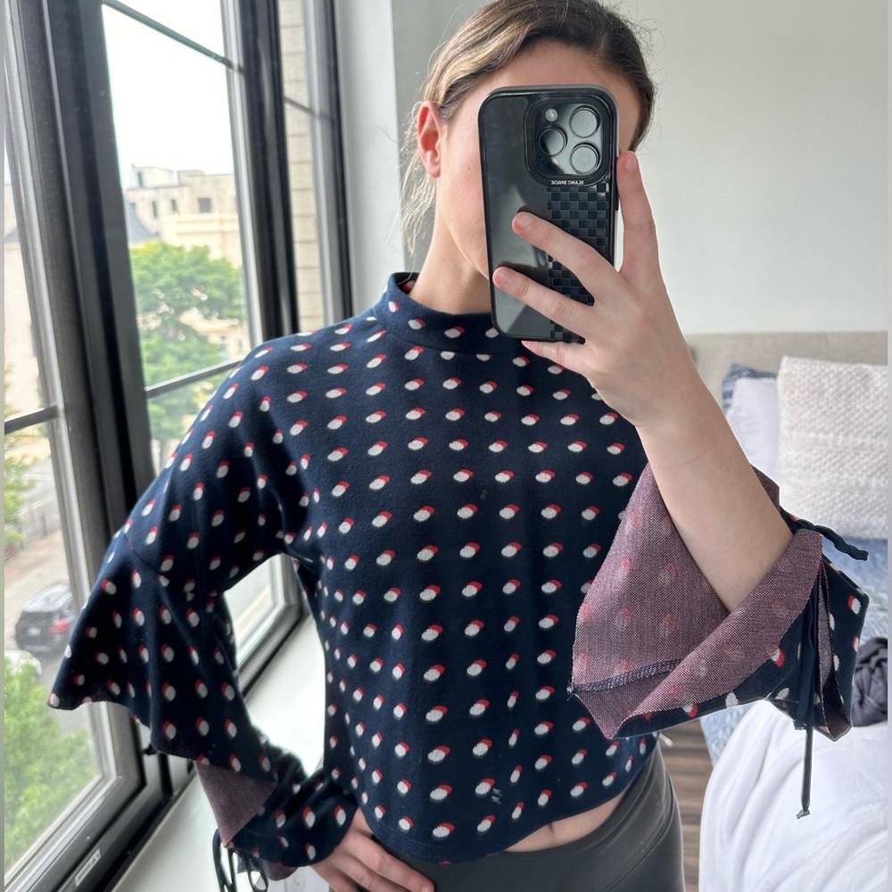 Polka Dot Cropped Tutleneck Top with Tie Sleeves